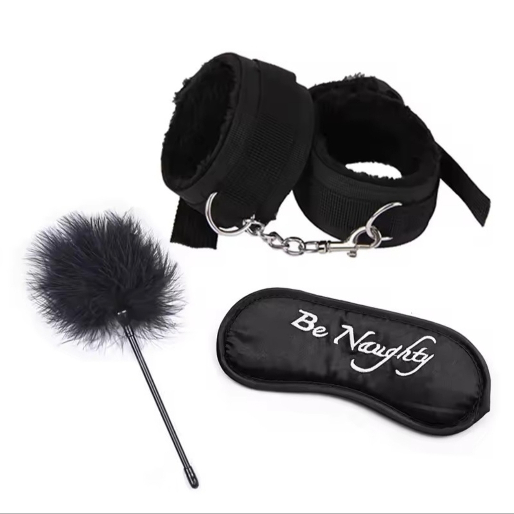 Be Naughty Black Bondage Kit - Handcuffs, Blindfold & Feather Tickler